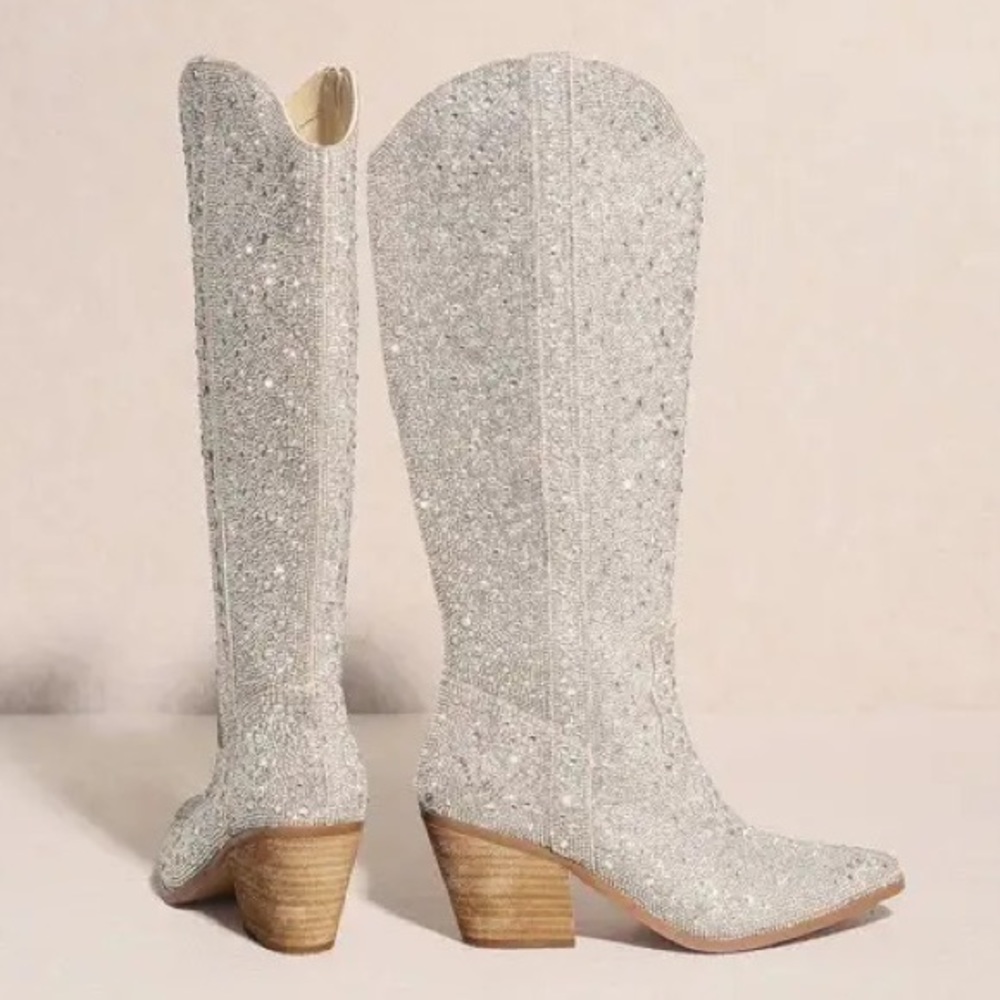 Last Pair! Nashville Silver Rhinestone Embellished Fashion Tall Cowboy Boots 6.5 - Picture 6 of 7